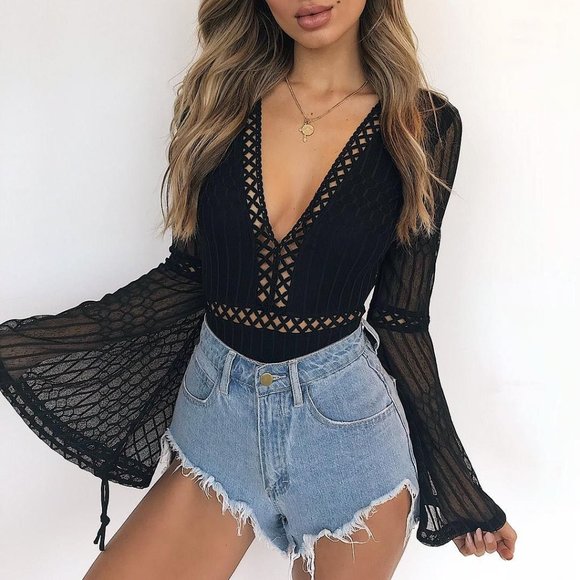 Tiger Mist Tops - NWT Tiger Mist Alaska Bodysuit Black Bell Sleeves